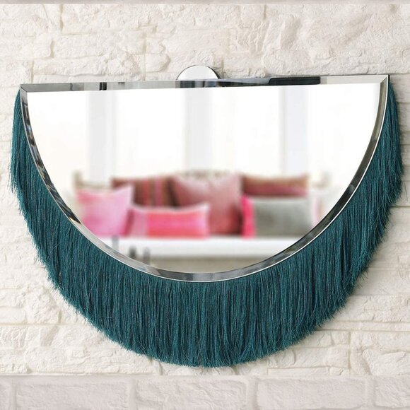 Unique NEW IN BOX Gorgeous Boho Mod Teal Fringe Half Moon Beveled Wall Mirror - Picture 2 of 9